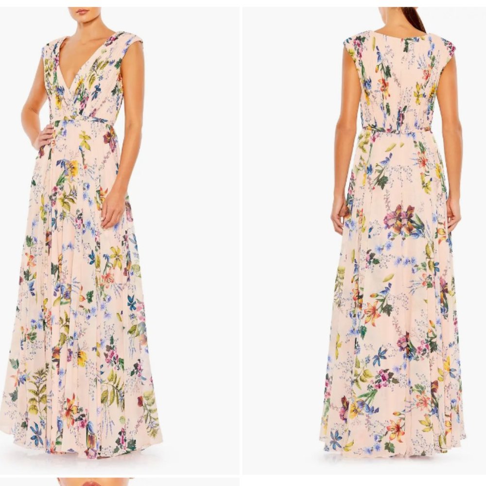 MAC DUGGAL 55829 PLEATED FLORAL CAP SLEEV A-LINE PINK MULTI GOWN  sz 10